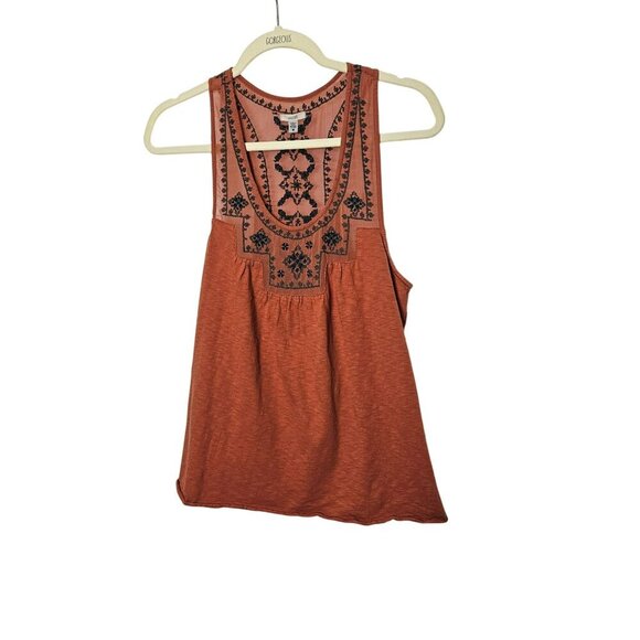 Ecote Gorgeous Orange Sleeveless Embroidered Racerback Top S‎ Boho Flowy Mesh - Picture 1 of 10
